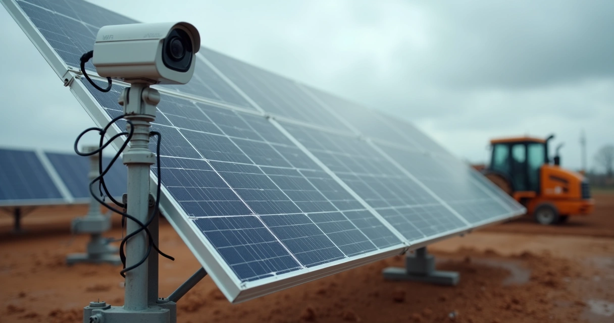 Painel solar em canteiro de obras com câmera instalada 