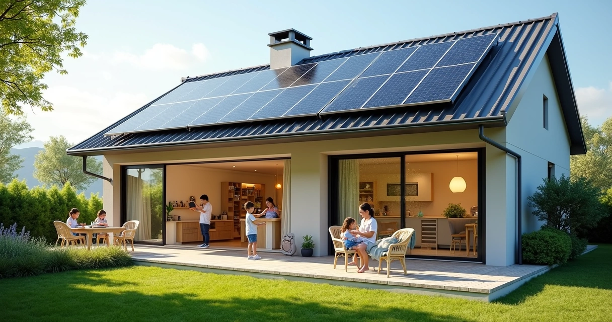 Casa com telhado solar, moradores usando energia em horário ensolarado 