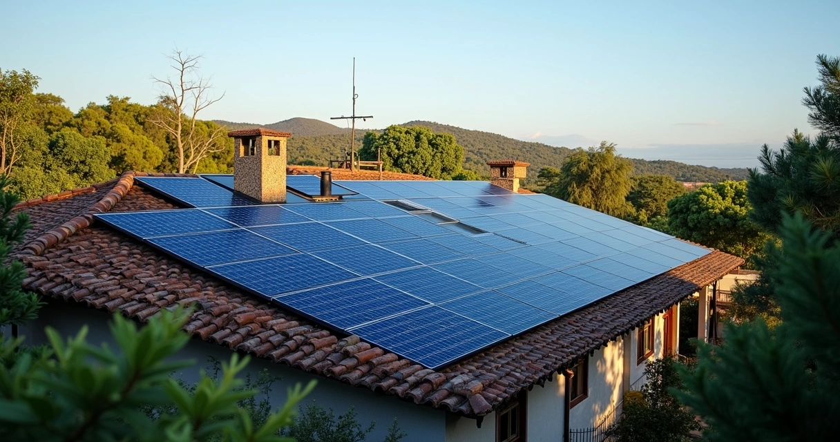Painéis solares instalados em telhado residencial sob céu azul ao entardecer