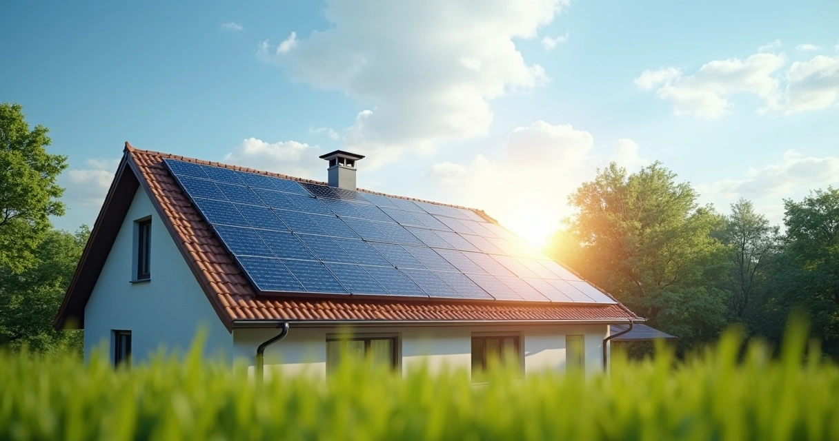 Painéis solares instalados em telhado residencial 