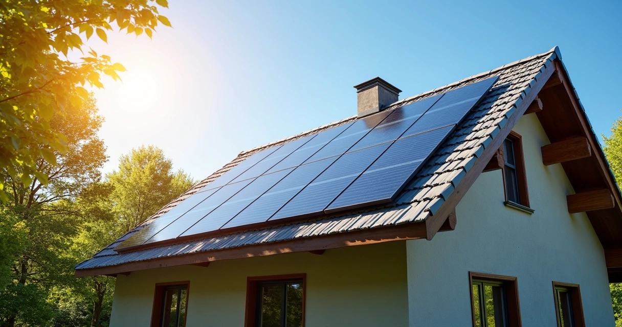 Painel solar instalado em telhado de casa residencial