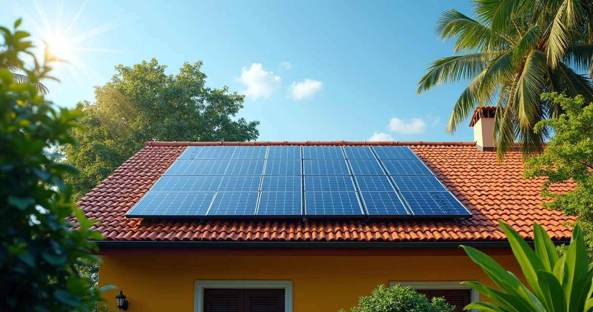 Painéis solares instalados no telhado de uma casa, em dia ensolarado