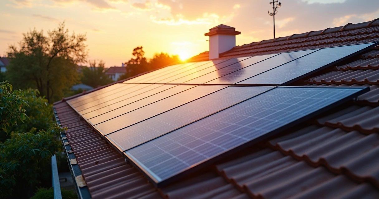 Painéis solares instalados em telhado de casa ao pôr do sol 