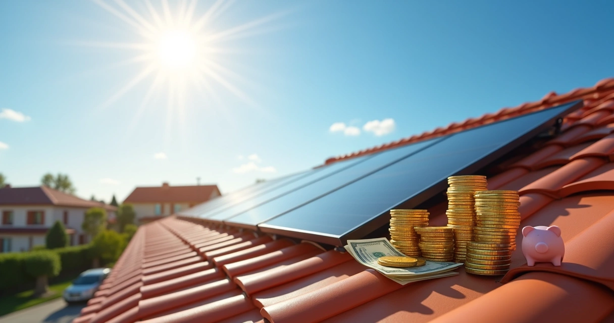 Painéis solares em telhado com moedas empilhadas