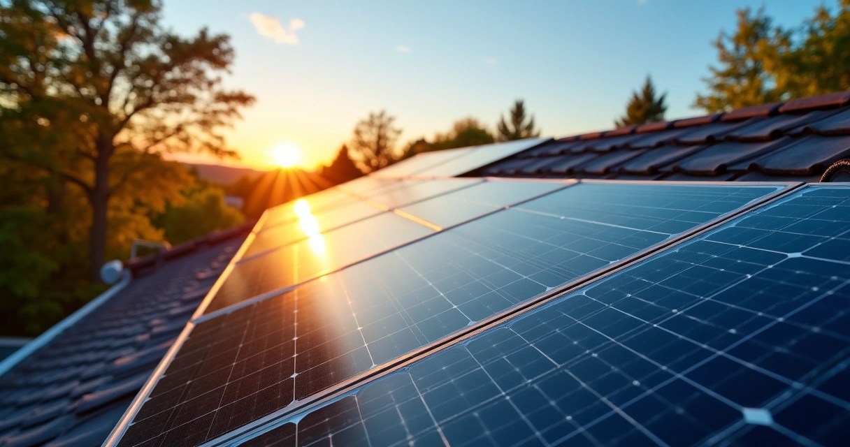 Painéis solares instalados em telhado residencial ao pôr do sol 