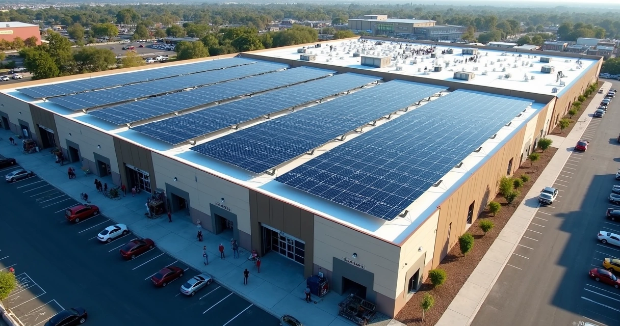 Painéis solares instalados no telhado de supermercado