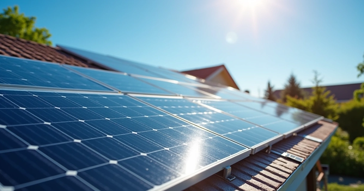 Painéis solares instalados em telhado de casa 