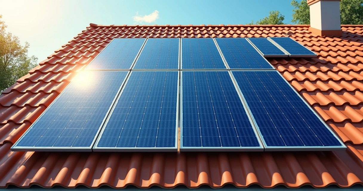 Painéis solares instalados em telhado de casa com céu aberto ao fundo