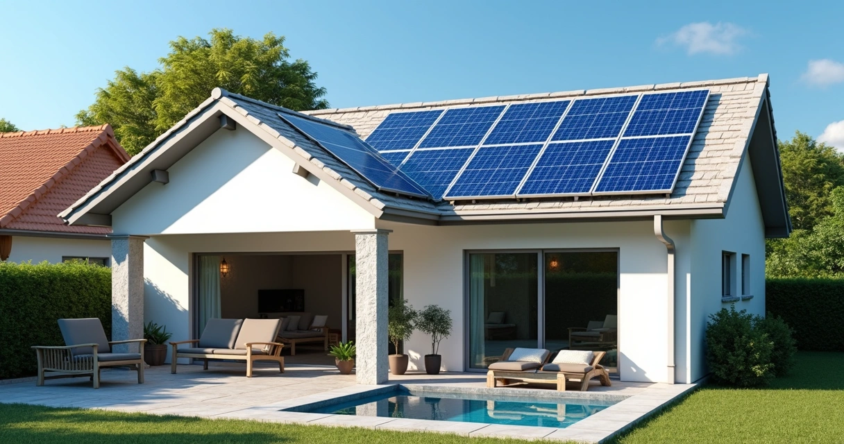 Painéis solares instalados no telhado de uma casa 