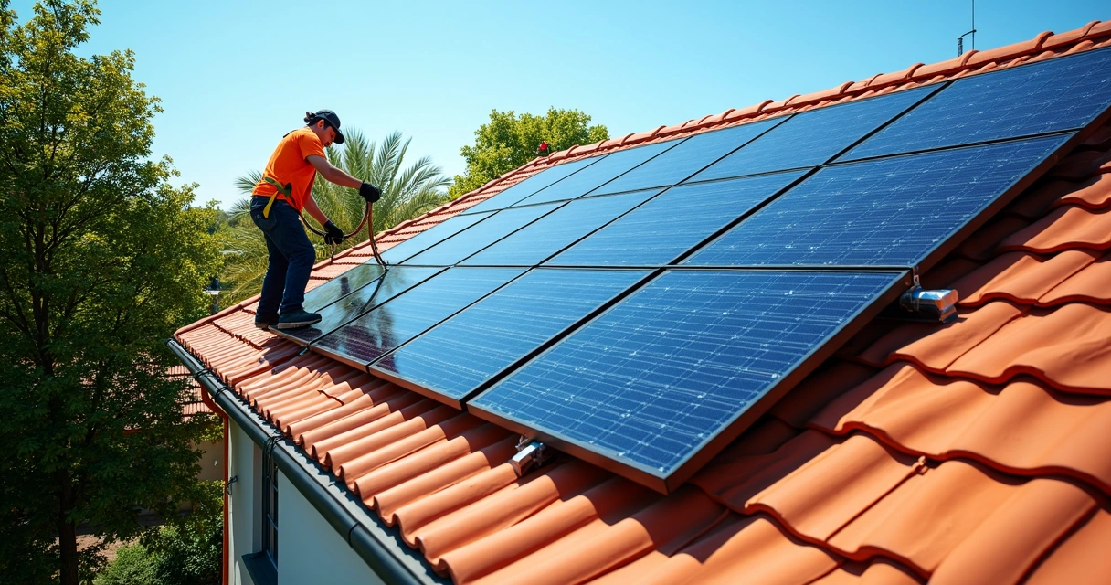 Painéis solares instalados em telhado de casa 