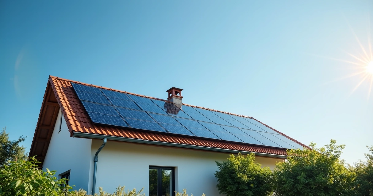 Painéis solares instalados em telhado de casa, céu azul ao fundo. 