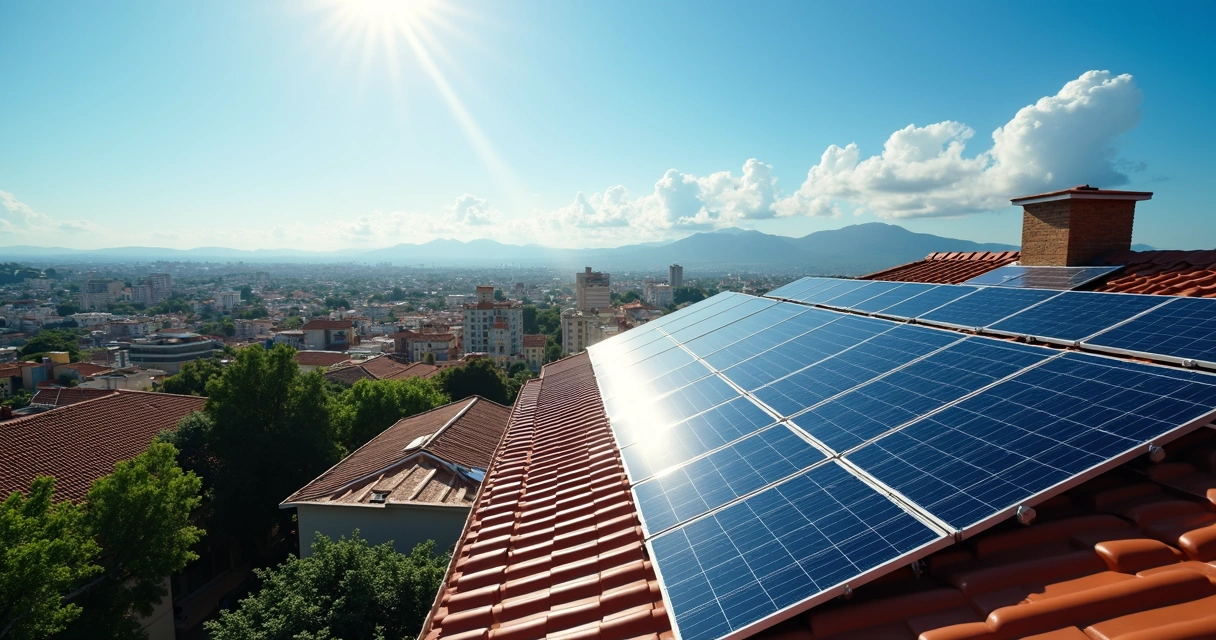 Painéis solares em telhado de cidade brasileira 