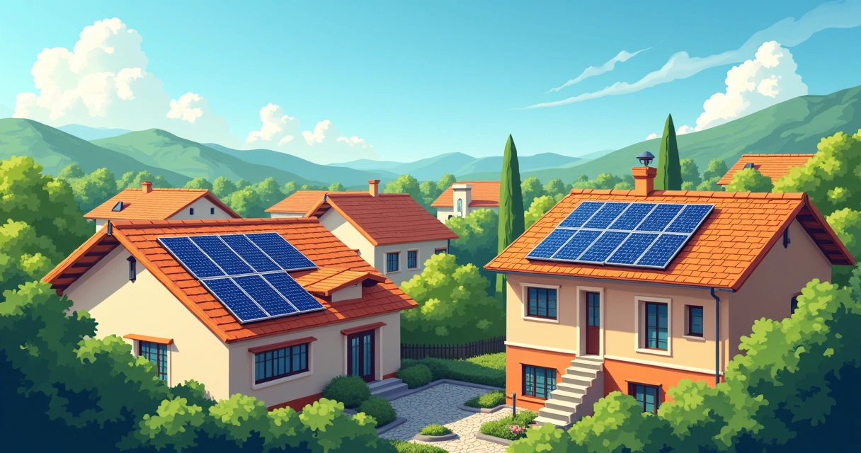 Sistemas de painéis solares instalados em vários telhados de casas suburbanas, mostrando estrutura de sustentação e detalhes do equipamento. 