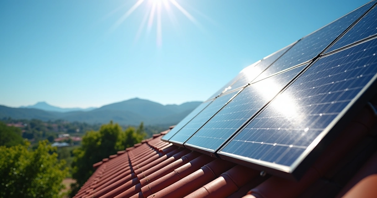 Painéis solares instalados em telhado de casa mineira com céu azul 