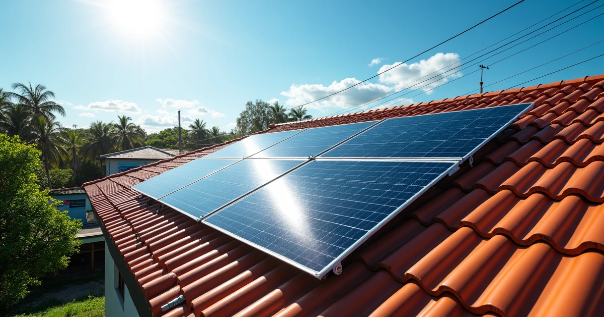 Painéis solares em telhado de casa com sol forte em paisagem típica de Pernambuco
