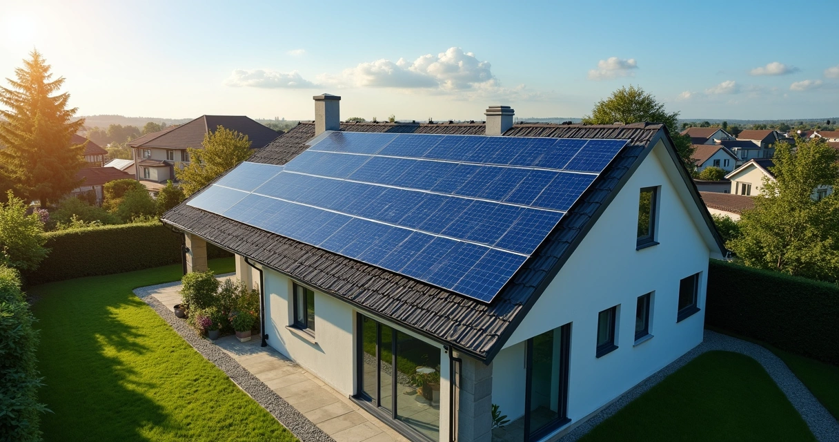 Painéis solares instalados em telhado de casa residencial 