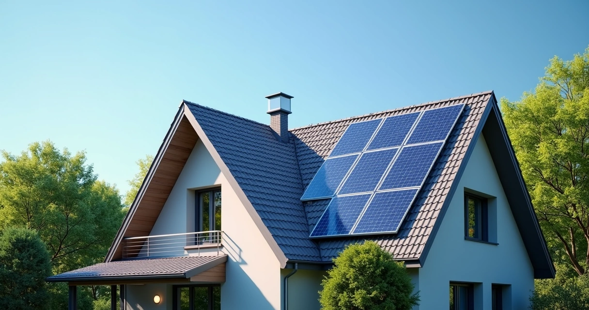 Painel solar instalado em telhado residencial com céu azul ao fundo 