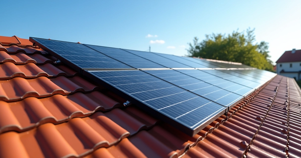 Painéis solares instalados em telhado residencial com céu limpo ao fundo