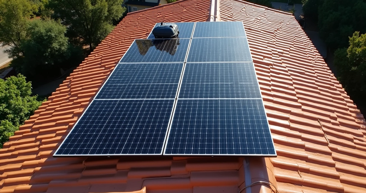 Painéis solares instalados em telhado visto de cima 