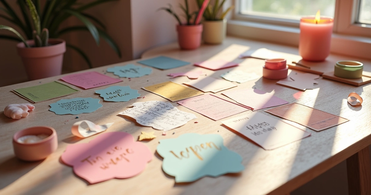 Painel de sonhos decorativo com cartas de oráculo coloridas coladas em formato circular, fundo suave e detalhes de fitas rosadas ao redor 