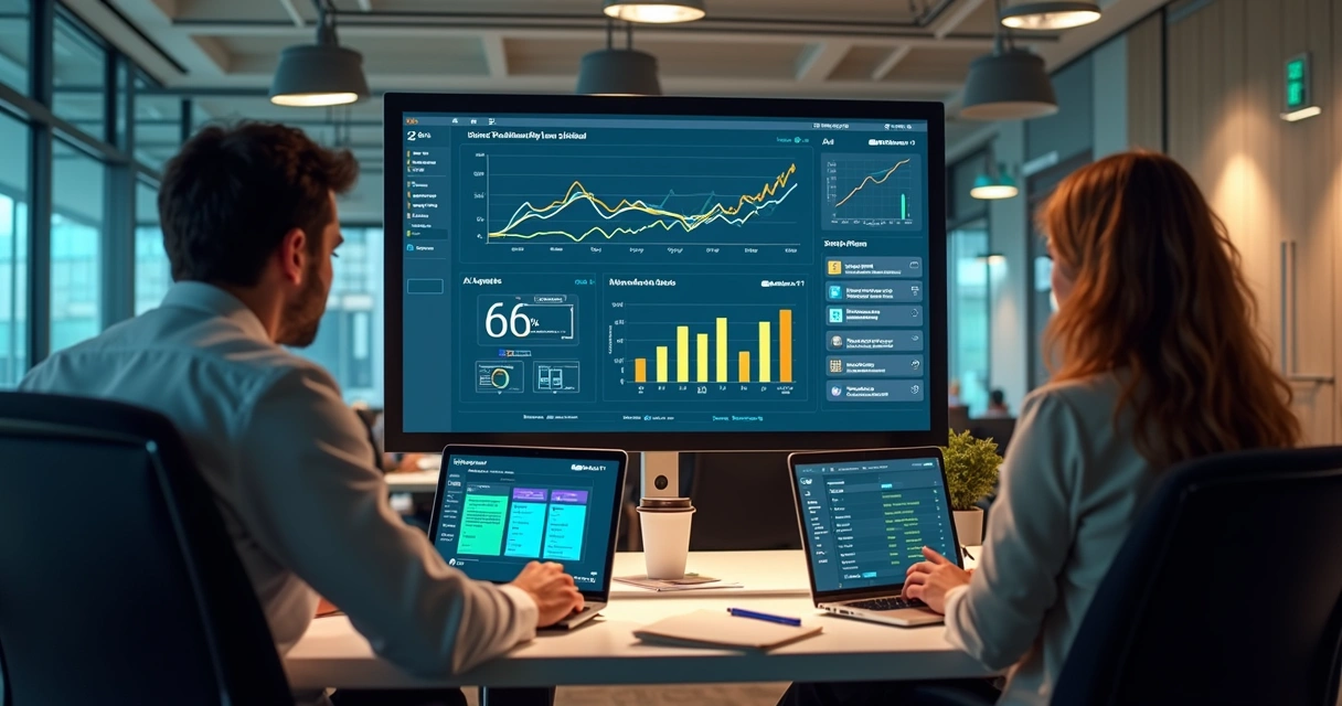 Equipe analisando painel de métricas em startup com IA 