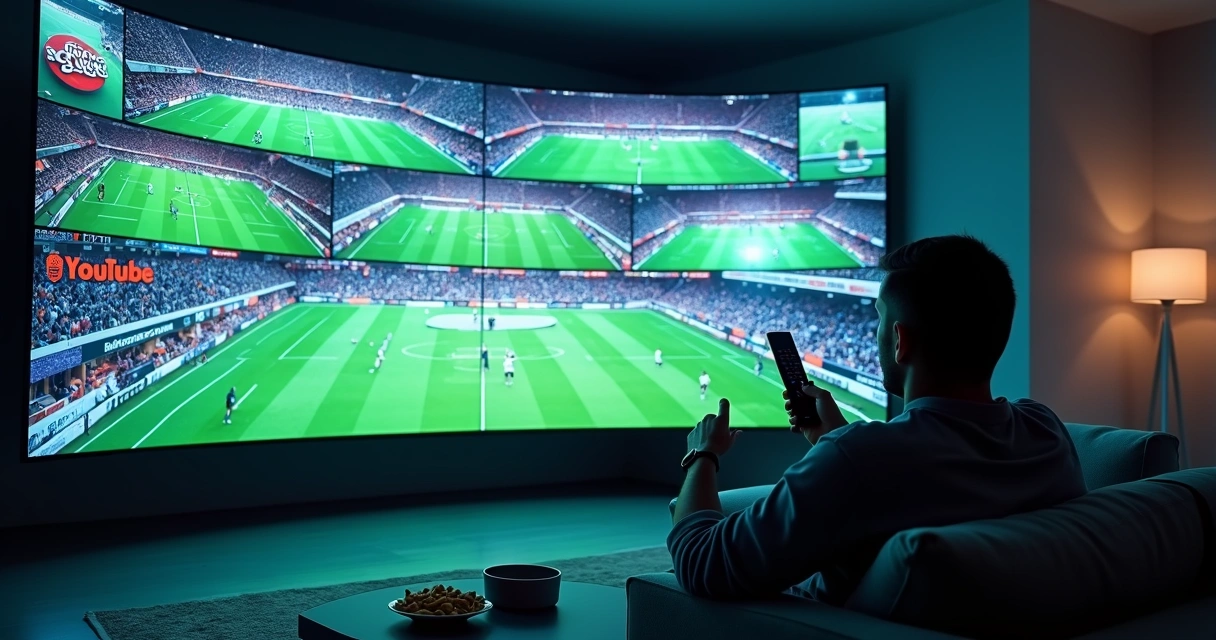 Mão escolhe transmissão de futebol em mural digital com diversos serviços de streaming 