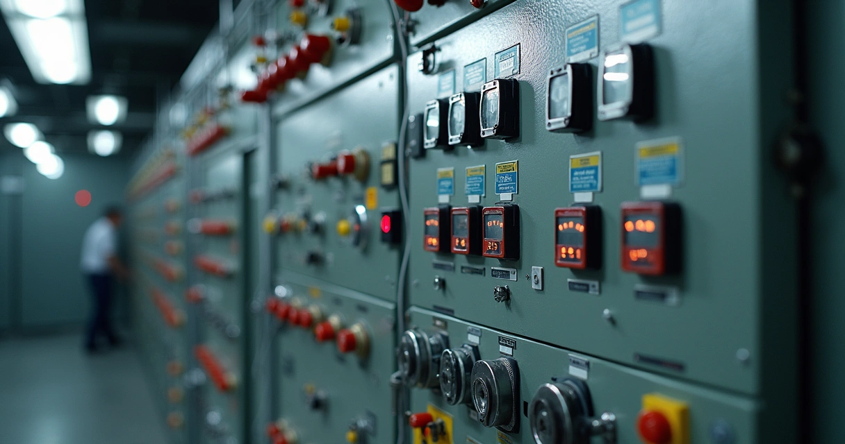 Painel elétrico de subestação industrial mostrando dispositivos de proteção e controle 