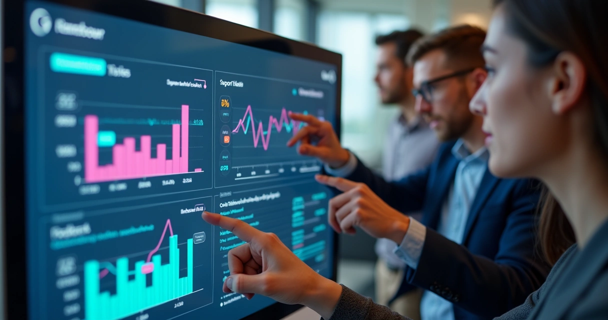 Dashboard de sucesso do cliente com gráficos e módulos de atendimento. 