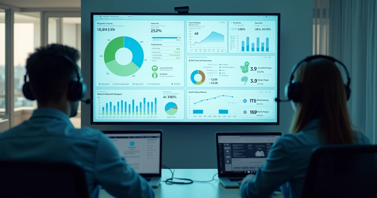 Painel de métricas de suporte com equipe acompanhando resultados