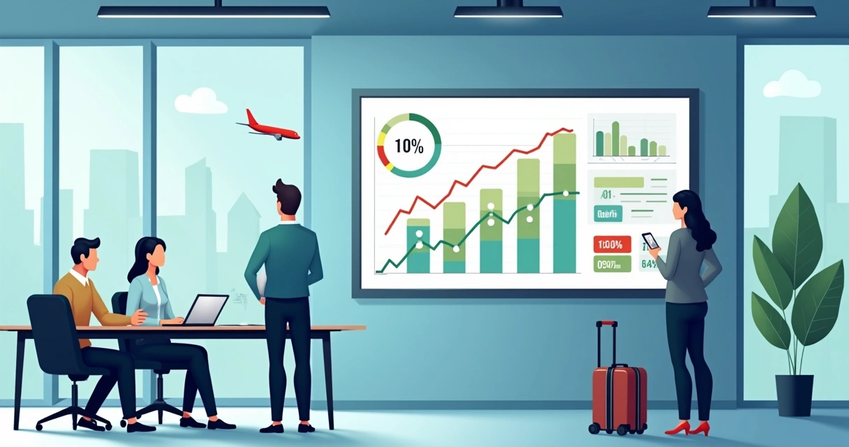 Painel com gráfico de tarifas aéreas e avião 