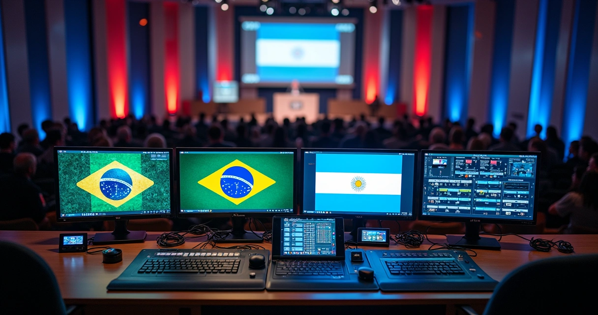 Painel técnico de transmissão ao vivo com câmeras e monitores mostrando auditórios no Brasil e na Argentina 