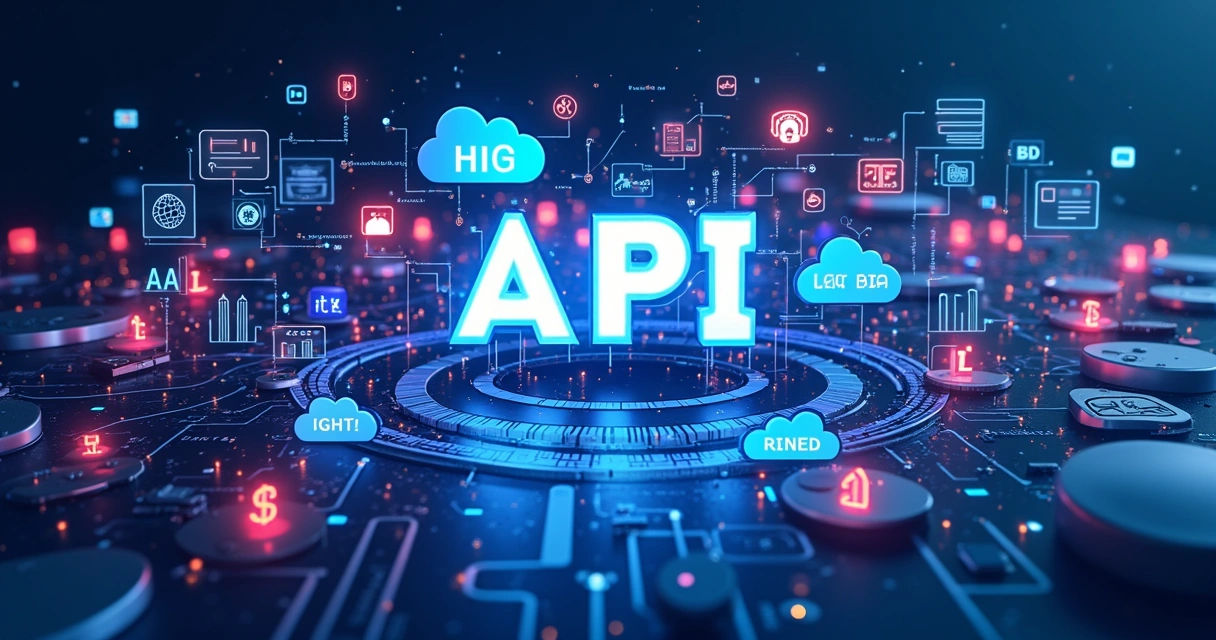 Painel colorido com ícones de tecnologia e siglas empresariais 