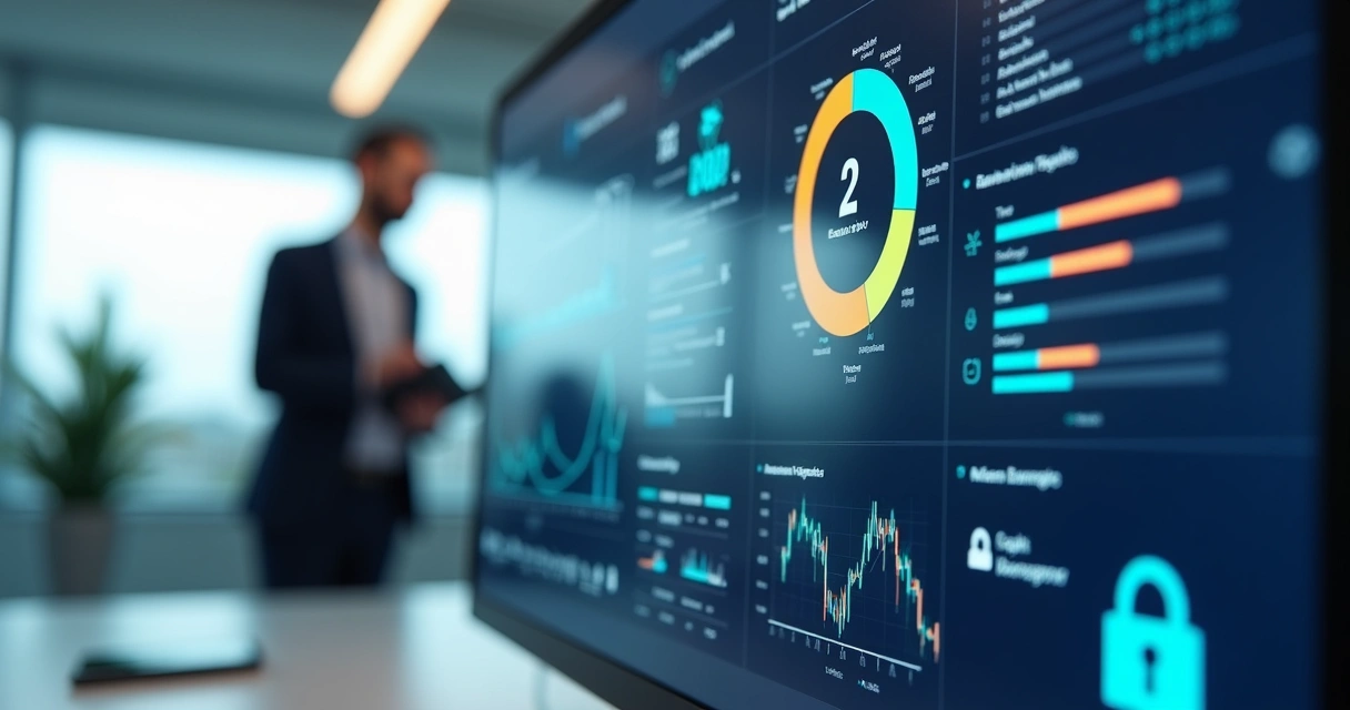Tela de computador exibindo gráficos de dados de segurança do trabalho 