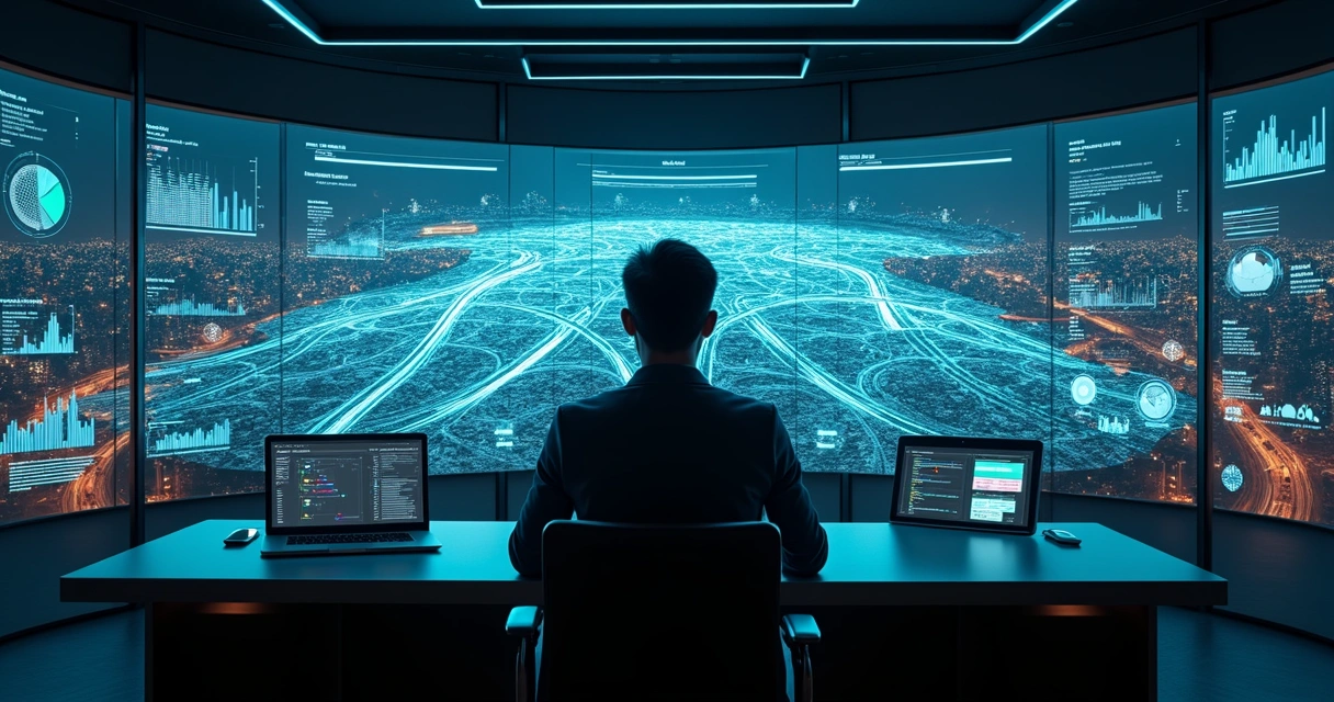 Analista observa painel de telemetria com dados da cidade interligada 