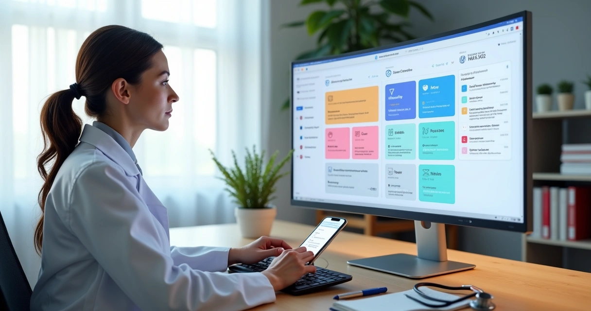 Médica organiza painel digital de teleorientações assíncronas em escritório moderno 