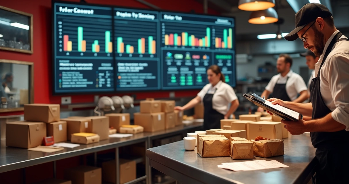 Painel com tempos do delivery e equipe na cozinha 