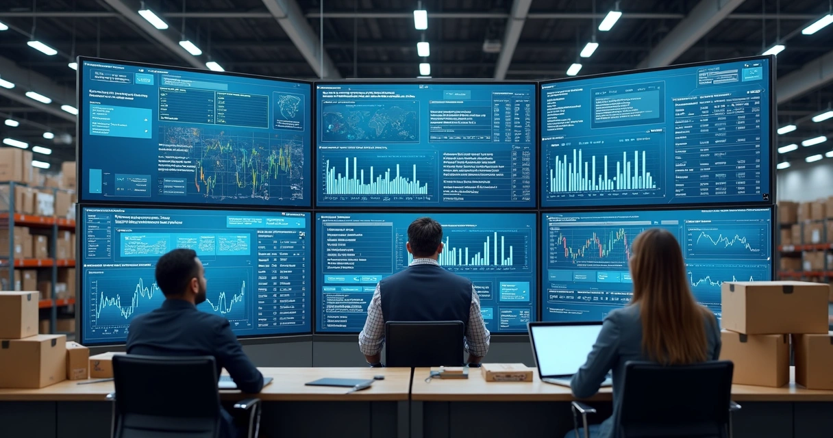 Painel digital em tempo real mostrando movimentação de estoque em centro de distribuição 