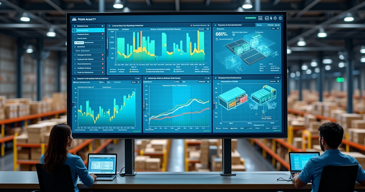 Painel em tempo real no centro de distribuição mostrando status de pedidos 