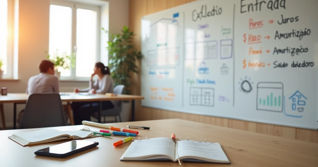 Quadro branco em sala colorida com termos de financiamento destacados 