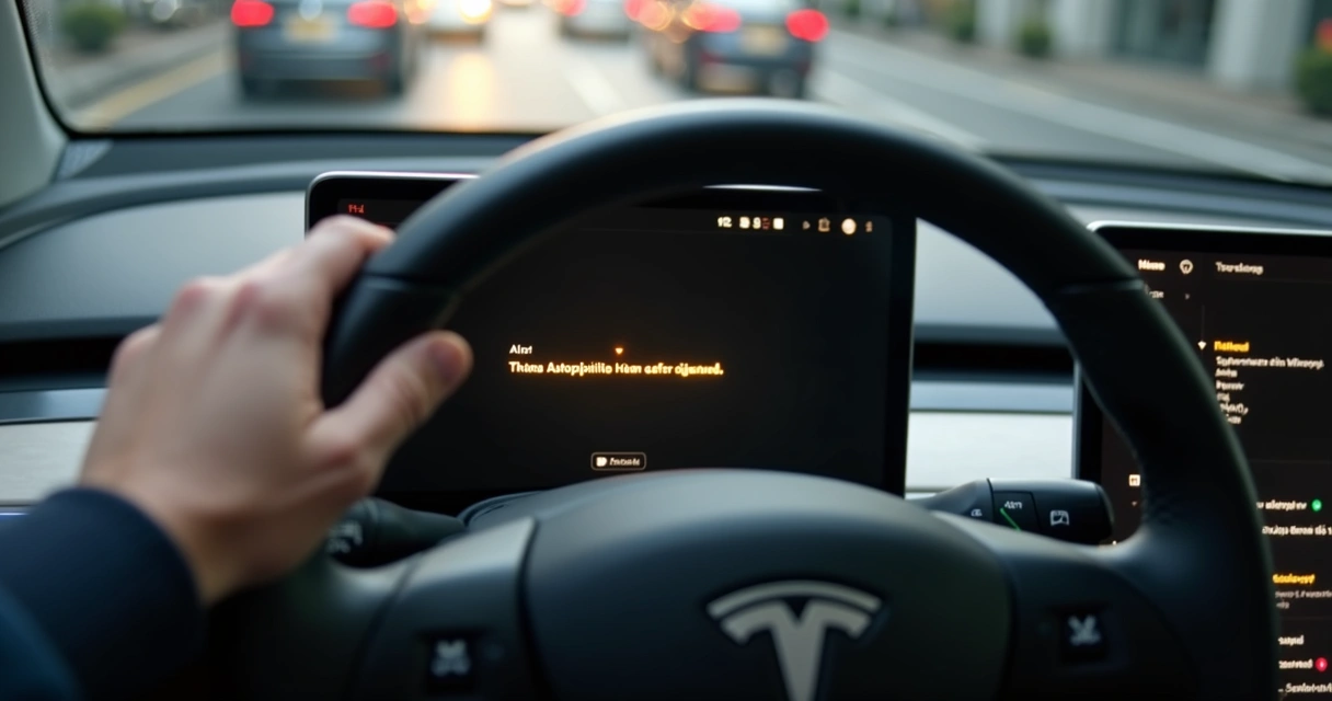 Painel de carro Tesla com alerta de Autopilot desativado 
