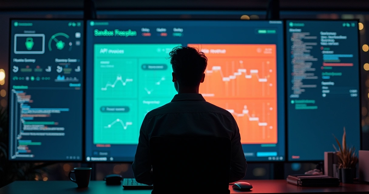 Fundador de micro-SaaS analisando painel com testes seguros de API de nota fiscal 