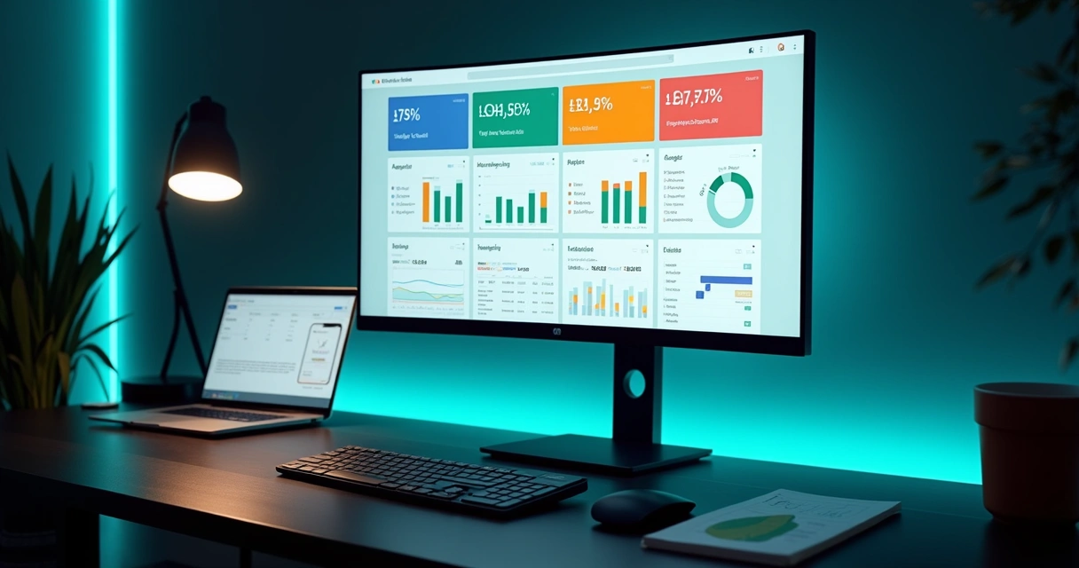 Painel com testes A/B de landing pages em monitor ultrawide sobre mesa escura 