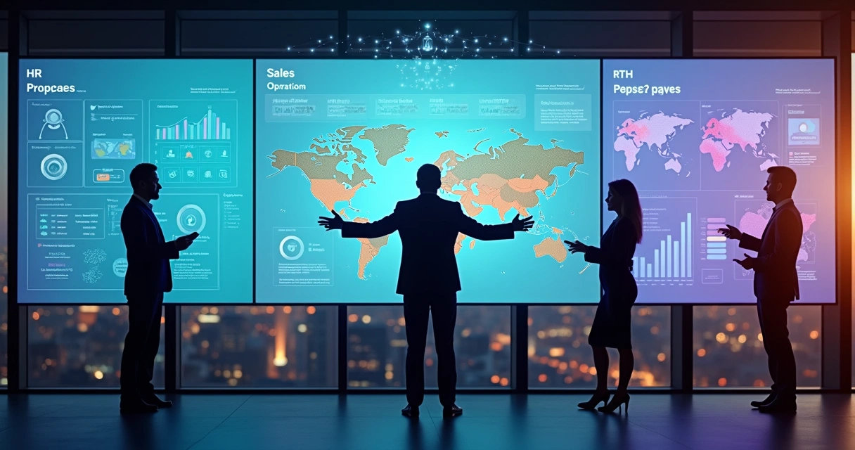 Grande painel digital unindo indicadores de TI recursos humanos vendas e operações 