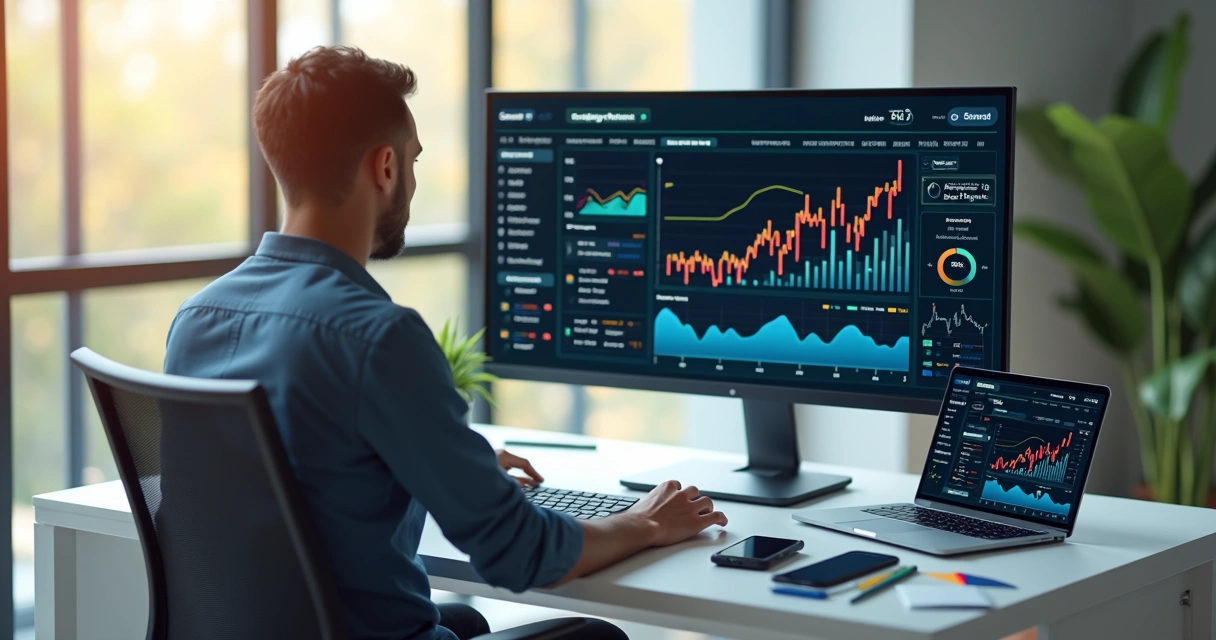 Gestor de marketing analisando painel de campanhas de tráfego pago no computador 