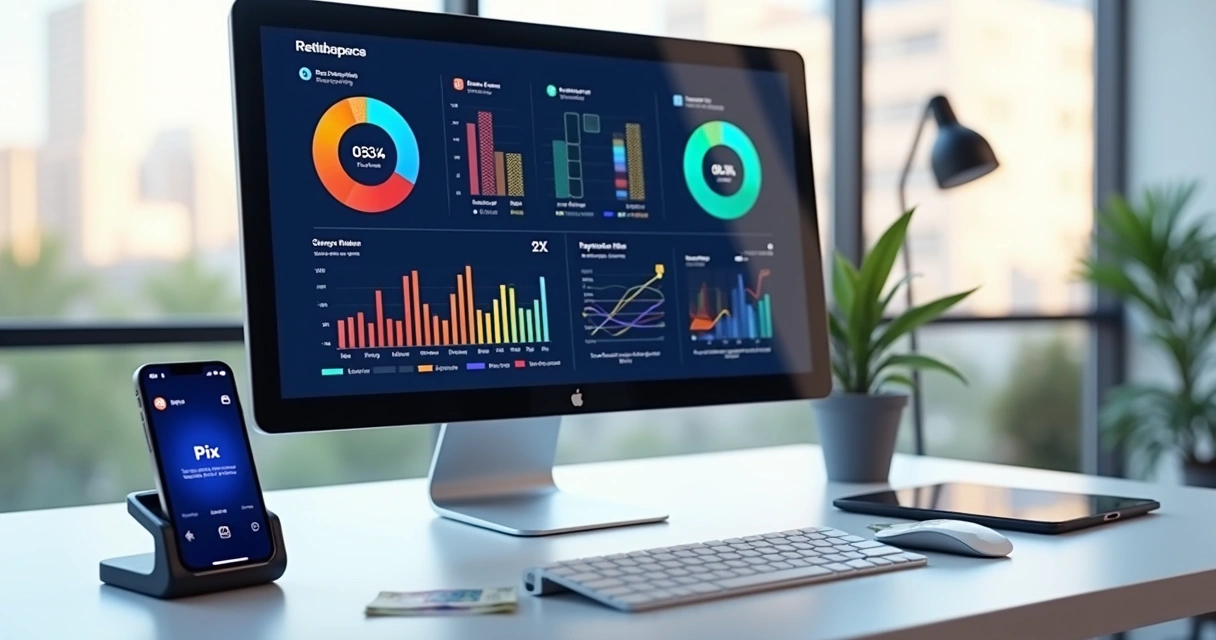 Tela de painel digital com gráficos mostrando transações de pagamento no Brasil