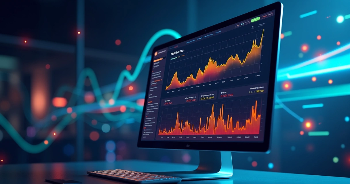 Monitor mostra painel digital analisando movimentações bancárias 