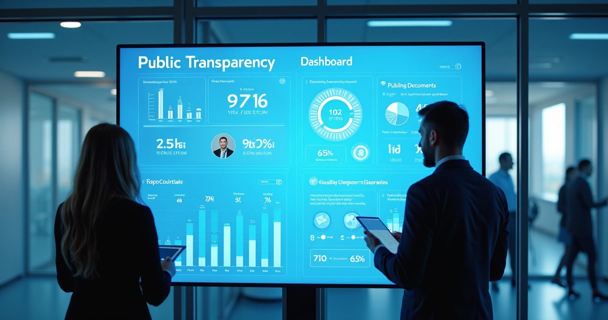 Painel com indicadores claros e pessoas observando dados 