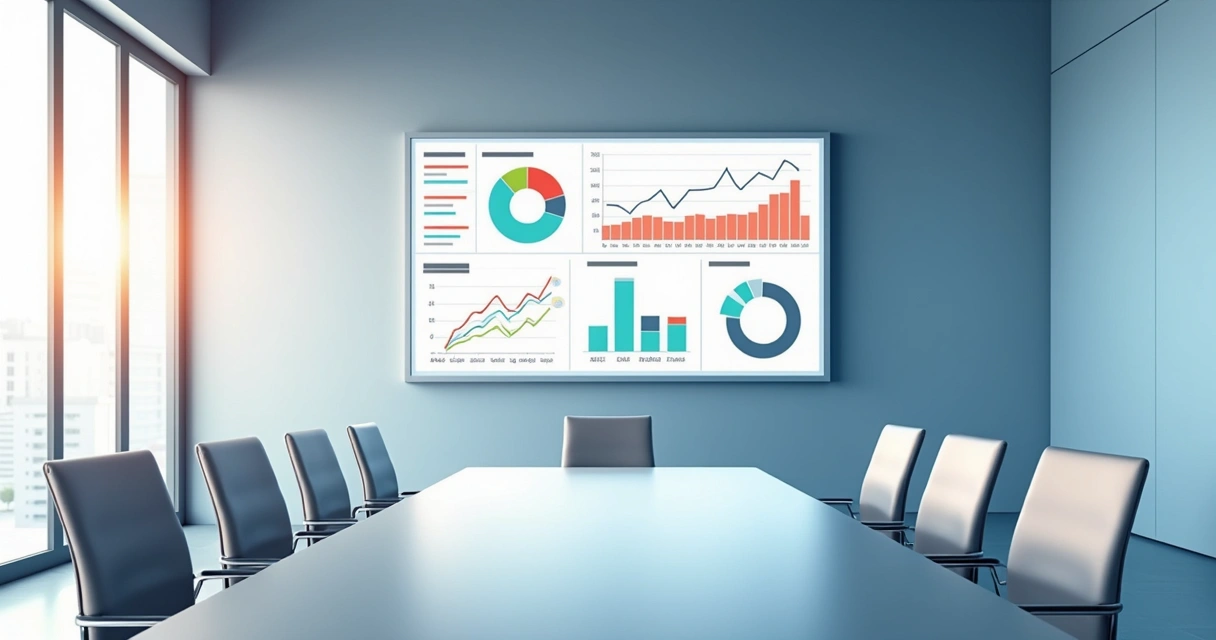 Tela digital de painel de transparência com relatórios coloridos, mesa de reunião ao fundo 