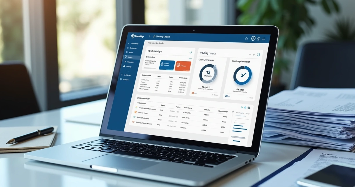 Painel de treinamento de compliance em notebook e relatórios impressos 