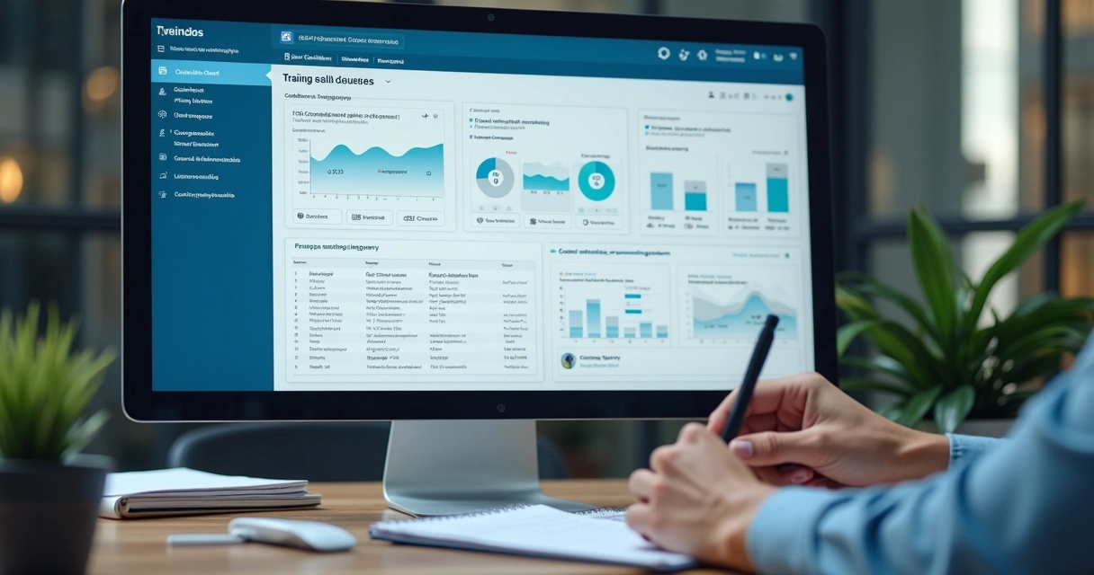 Painel digital com trilhas de treinamento corporativo e indicadores
